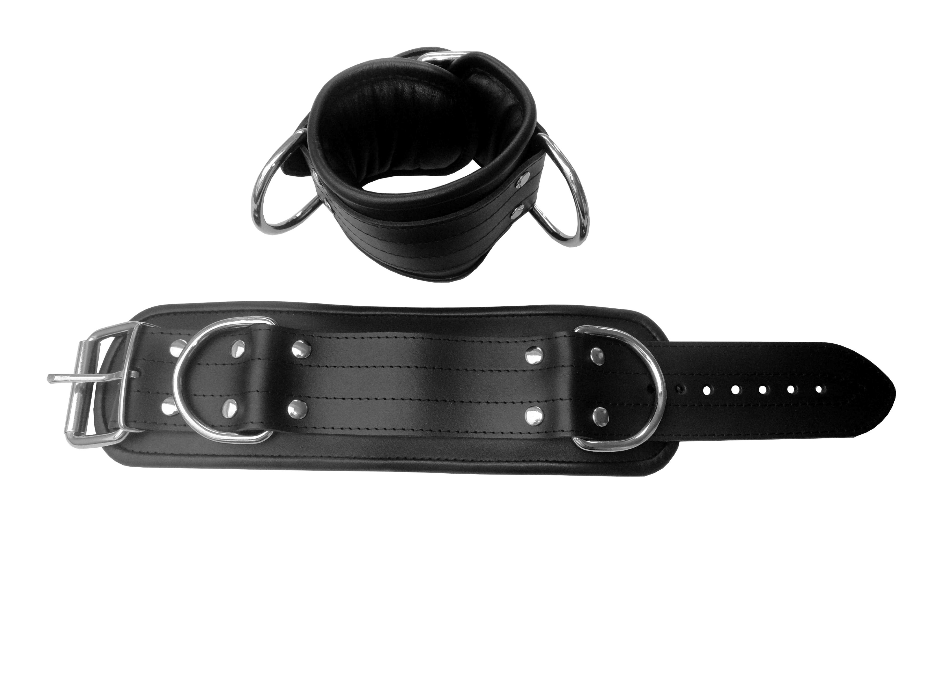 Leder Fußfessel schwarz mit großen D-Ringen
